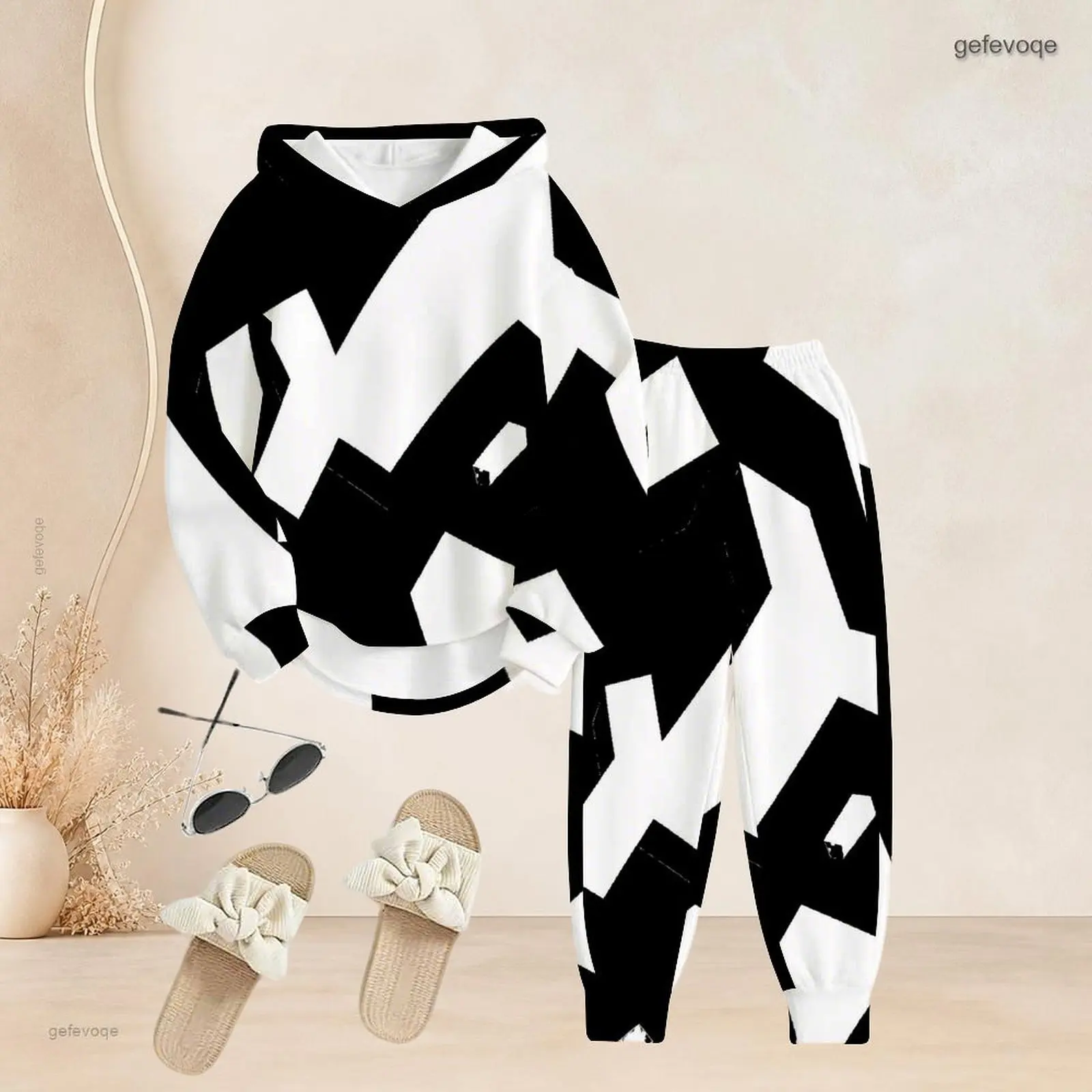 Black and White Abstract Geometric Printed Long Sleeve Hoodie and Cuffed Pants Two Piece Set