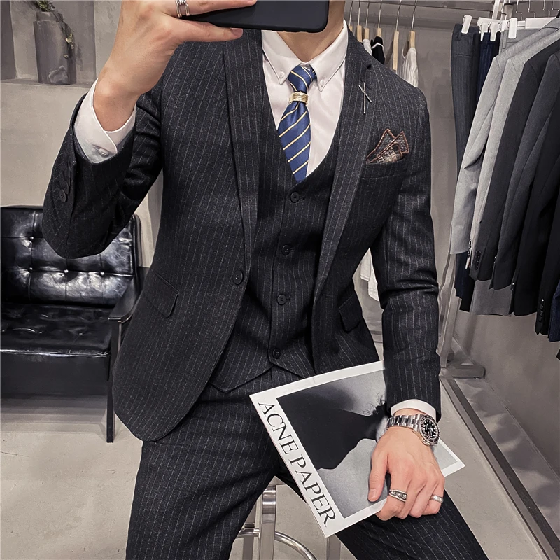 6XL 7XL (Jackets+Vest+Pants) Male Korean Blazers Slim Check British Business Suit Men Three Piece Wedding Bridegroom Man Dress