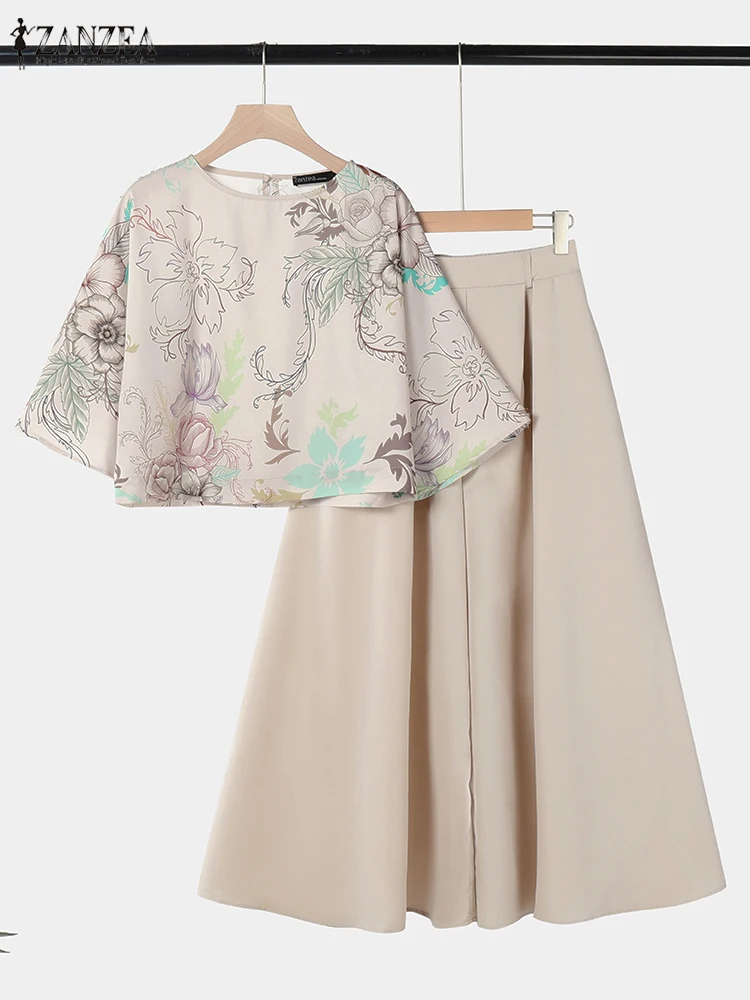 

ZANZEA Свободные женские брючные комплекты, повседневные топы с рукавами 3/4, цветочные топы, модные костюмы из 2 предметов, однотонные широкие брюки, наряды