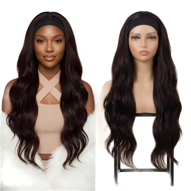 Women Long Headband Wig 28 Inch Dark Brown Body Wave Synthetic Wig, No Lace Easy Install Heat Resistant Hair Wig for Beginners