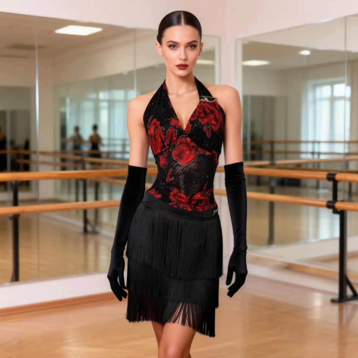 

Women'S Latin Dance Clothing Adults Chacha Ballroom Dance Costume Sexy Halter Latin Top Tassels Skirts Practice Wear XS11007