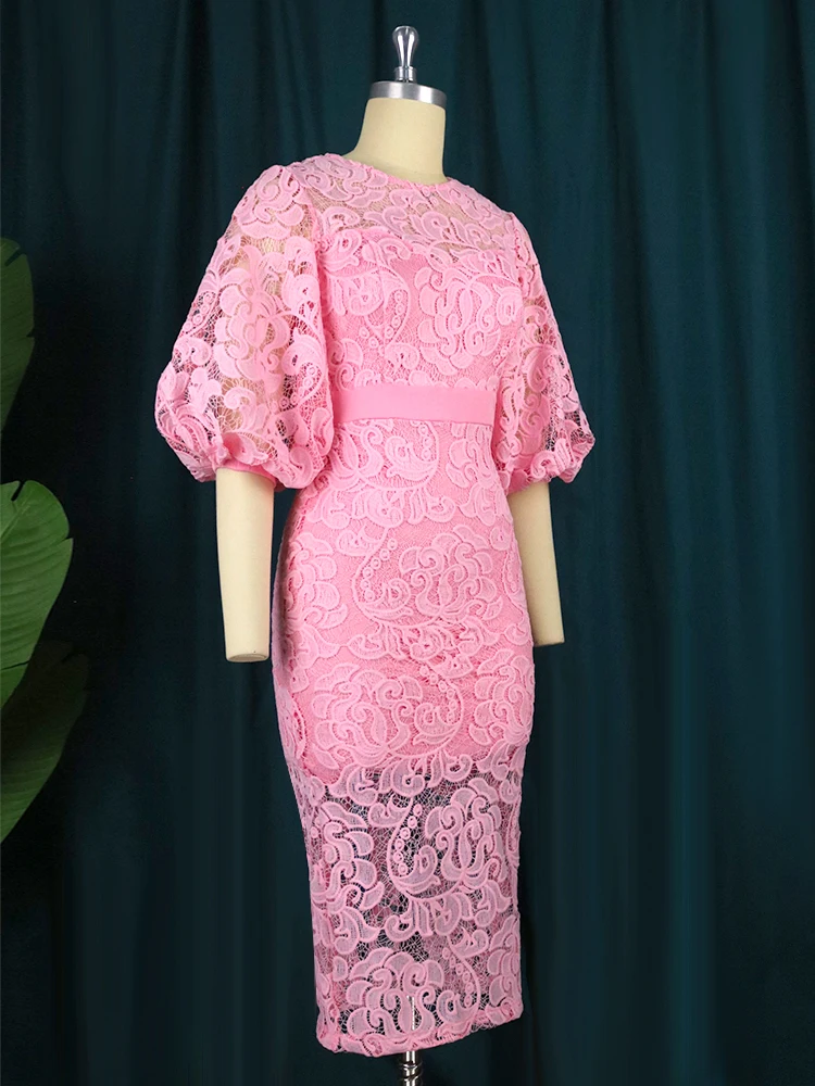 Aomei Pink Lace Dress For Women Lantern Sleeve Elegant Bodycon Charming Evening Occasion Wedding Bridesmaid Slim Gown Large Size