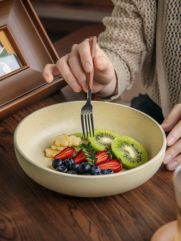 8 Inch Ceramic Deep Plate Matte Sesame Noodle Bowl Simple Style Dishware