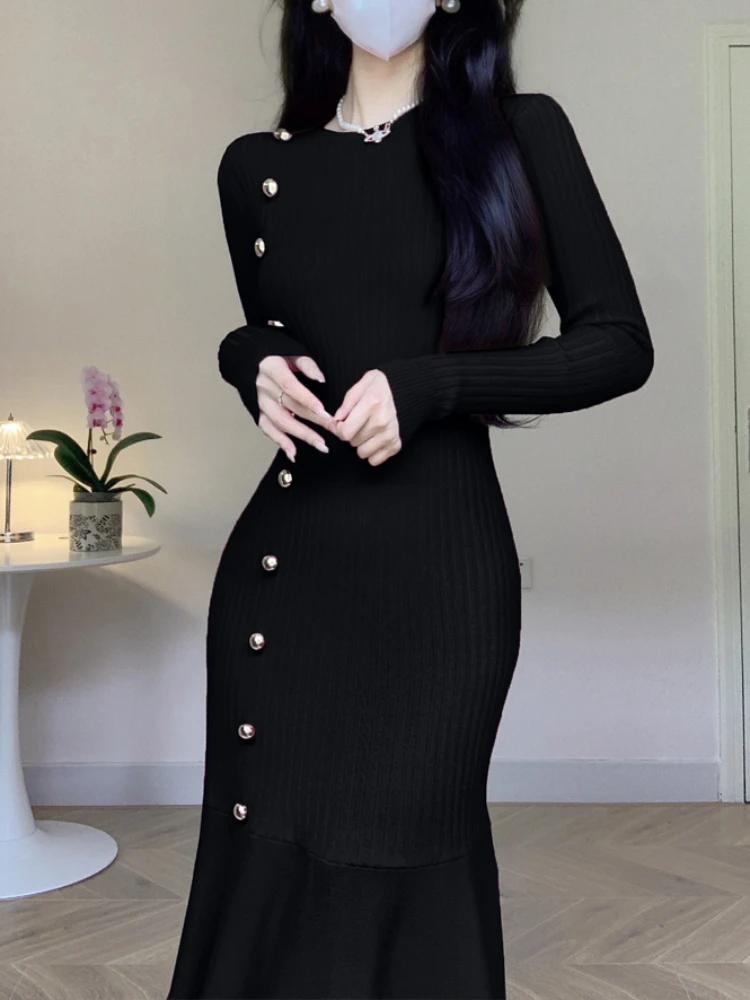 Korean Chic French Knitted Dress Women High Waist Fishtail Dresses Autumn Winter Long Sleeve Elegant Bodycon Dress Vesstidos