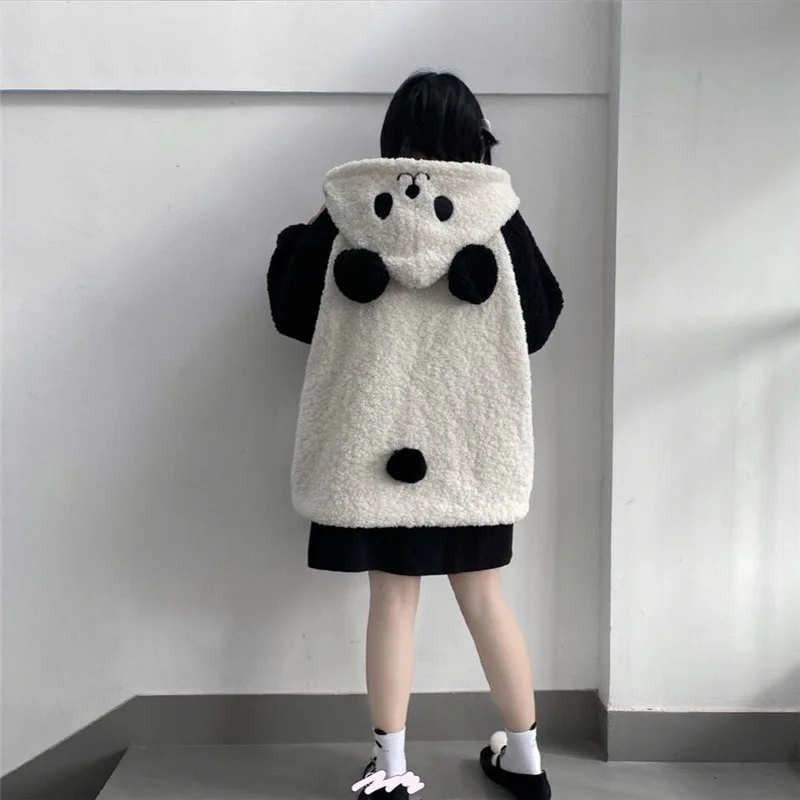 Panda Cosplay Costume Bear Ear Winter Hooded Sweatshirt Plush Fleece Oversized Hoodies Girls Clothing Kawaii Warm Homewear