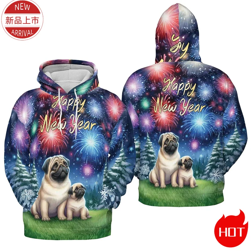 2025 Happy New Year 3D Printed Hoodies Colorful Firework Cute Pull Terrier Corgi Graphic Hooded Hoody Fashion Mens Pullovers Top