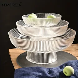 1Pcs Glass Fruit Bowl with Feet Tall Striped Storage Tray Home Living Room Decoration Creative Dried Fruit Tray Snack Tray