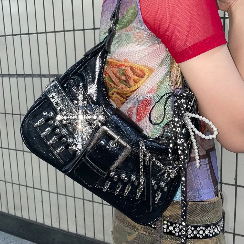 Punk Rivet Underarm Bag Female Y2K Abbey Hottie Black Functional Baguette Bag Goth Vintage Crossbody Bags Shoulder Bag