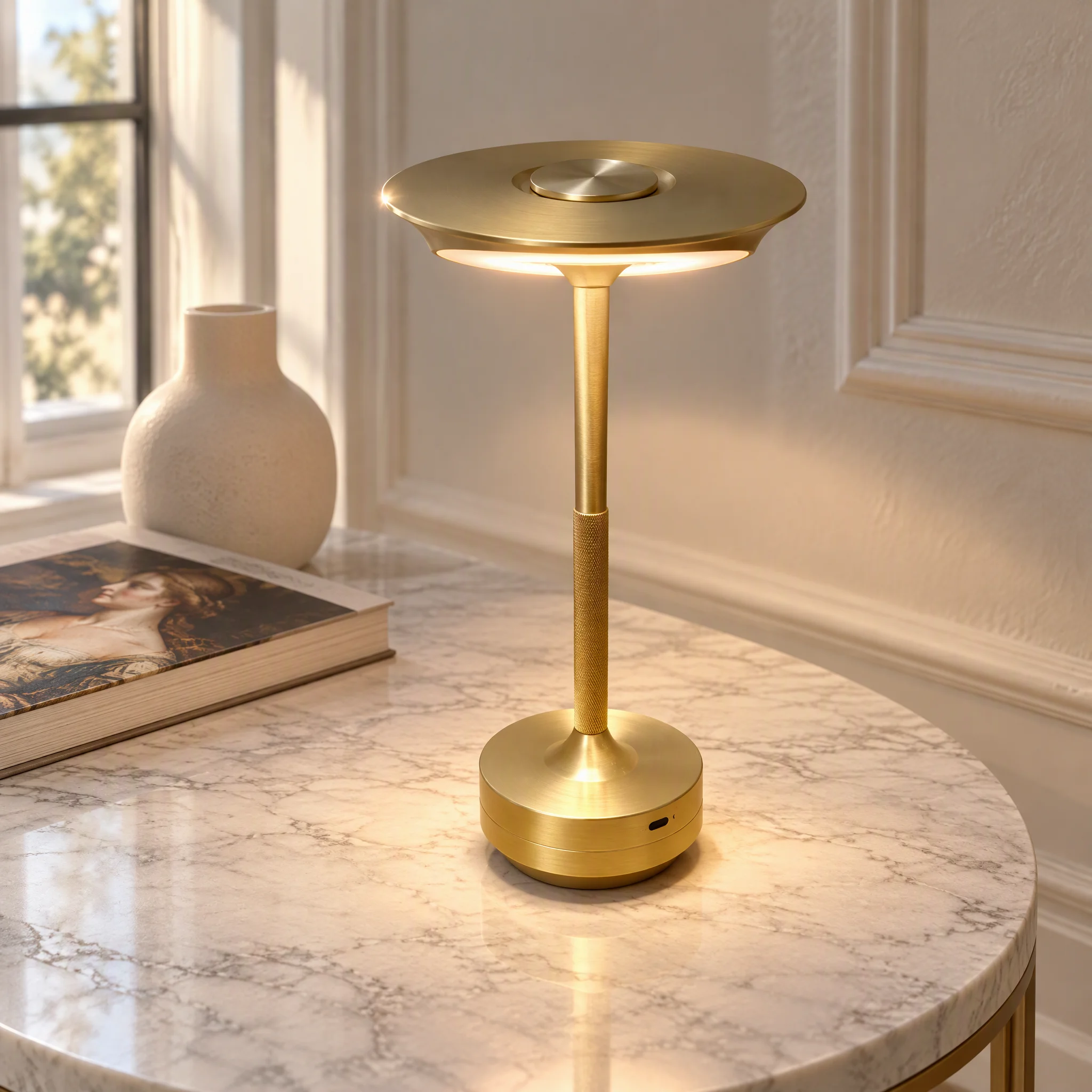 Anti-GlareSaucer LED Table Lamp,Wireless Rechargeable Touch Control,Luxury Gold Metal Cordless NightLamp For BistroPatio&Bedroom