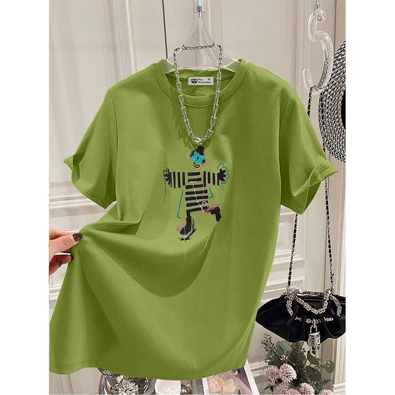Women Clothing Chic Hand-Painted Cartoon Print Tshirt Summer Pure Cotton O-neck Short Sleeve Basic Top Tee Casual Loose Pullover