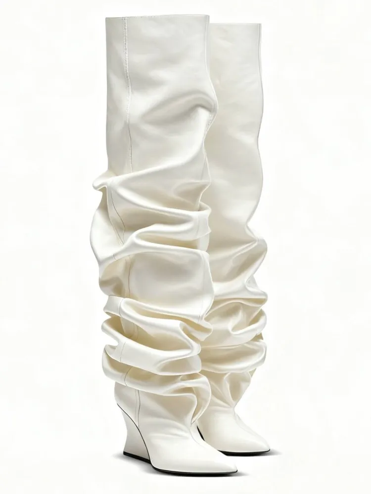 Damen Herbst- und Winter-Plissee-Stiefel mit Hohem Absatz, Spitze Mode-Partystiefel in Übergrößen 34-44