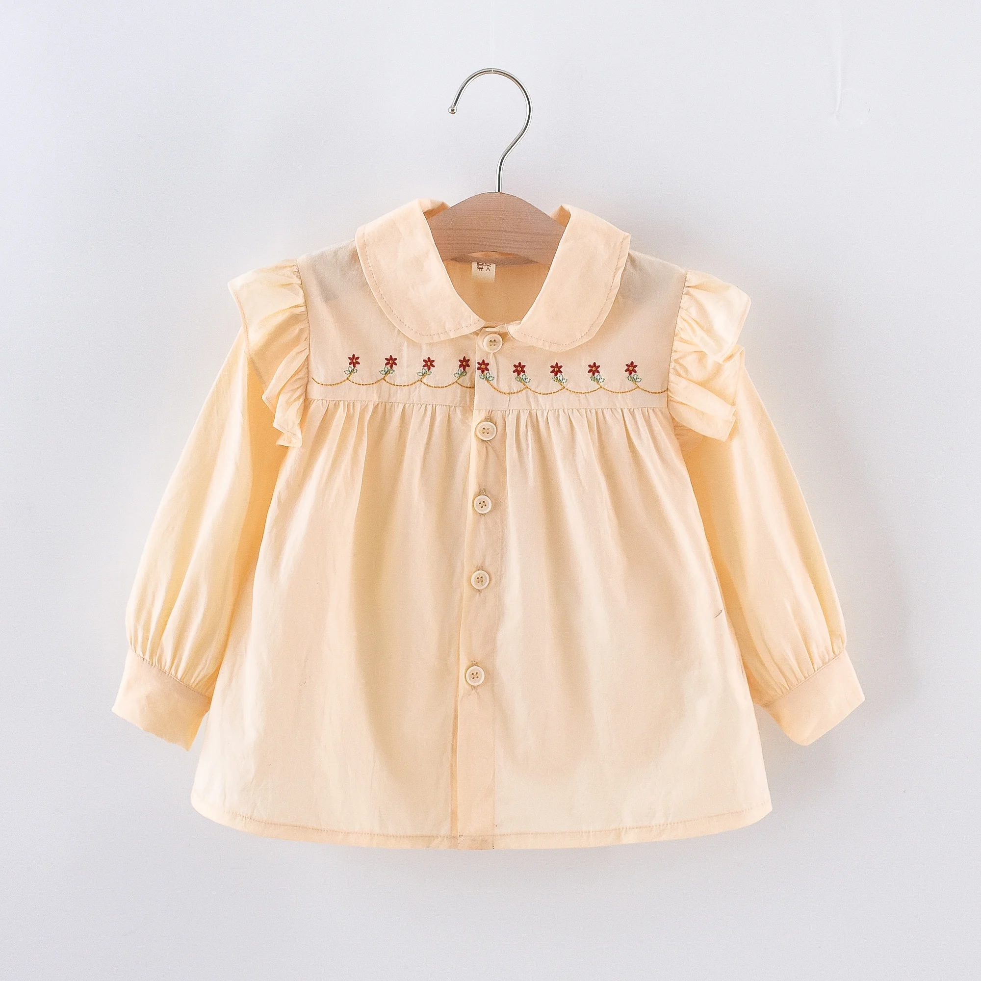 Autumn Long Sleeves Clothes for Baby Girl Korean Style Fashion Casual Soft Beige Puff Sleeved Flowers Embroidery Toddler Shirts