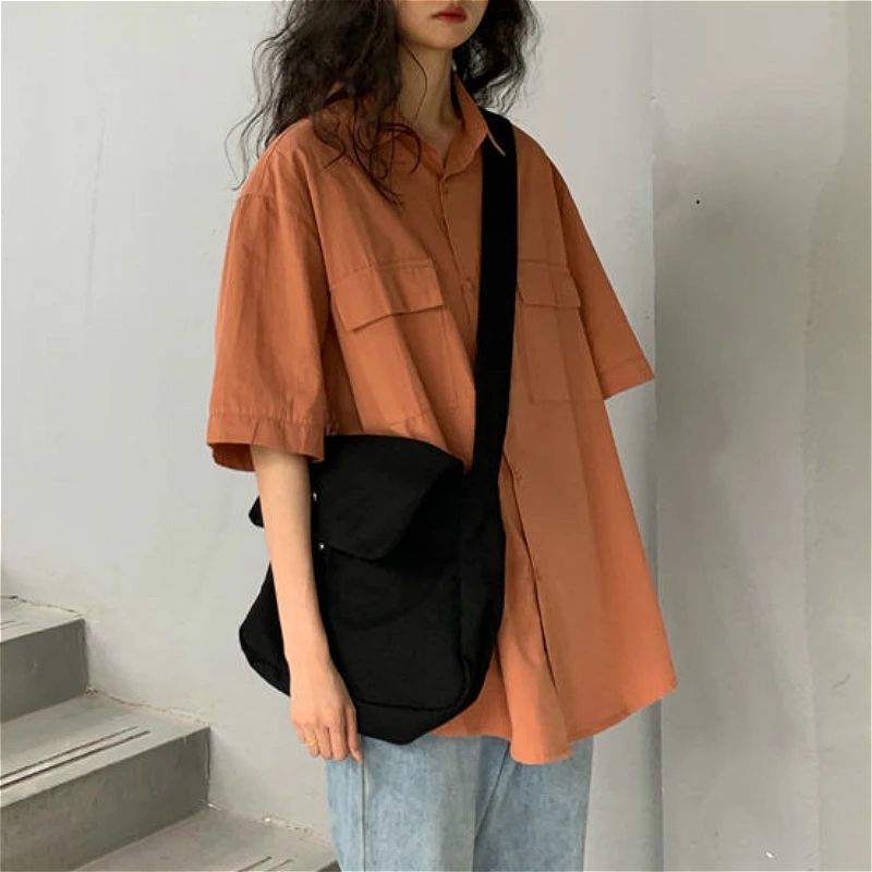 Unisex Shirts Women Japan Style Harajuku Simple Short Sleeve Summer Womens Chic Tops Retro All-match Pockets Trendy Girls New