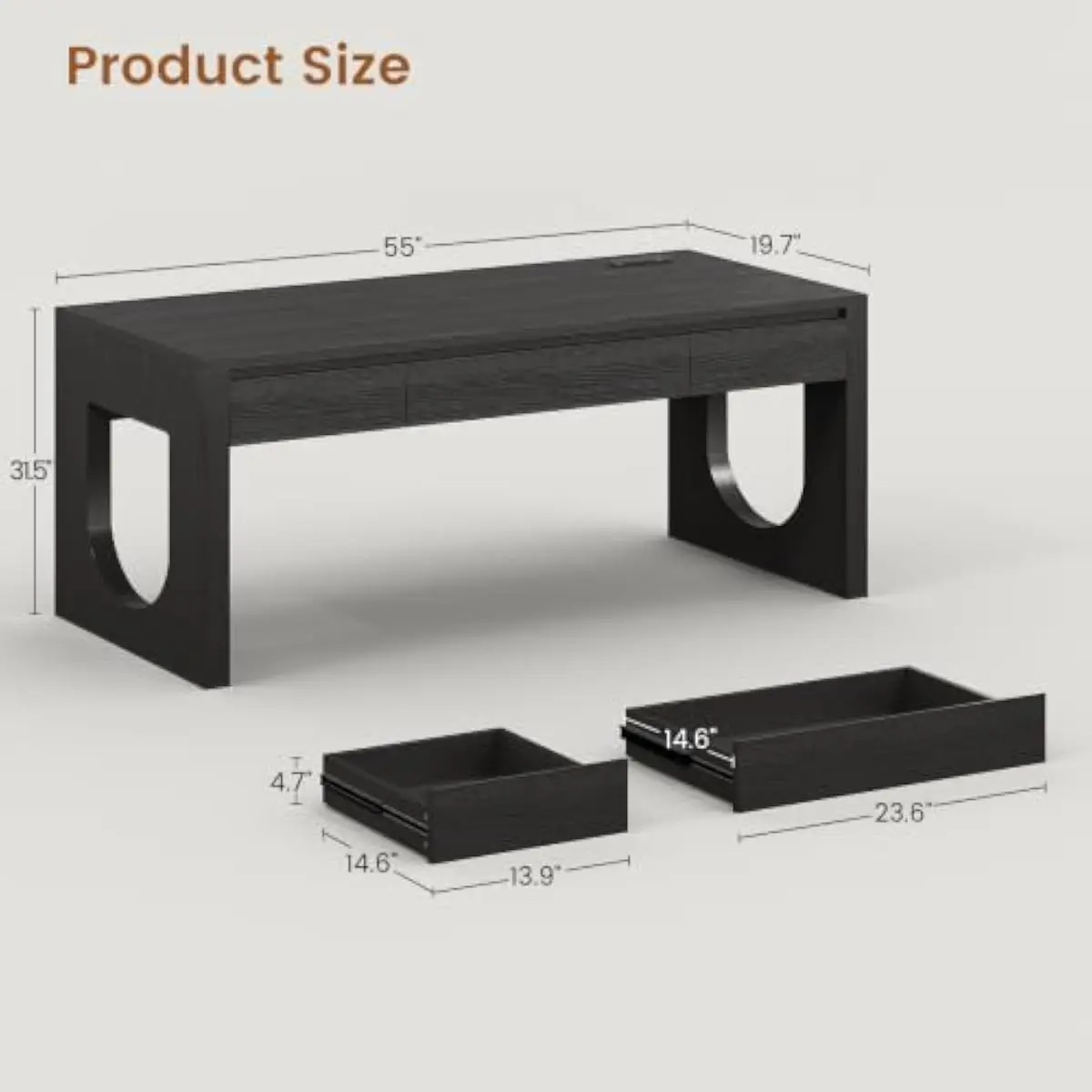 55 inch executive workstation with textured wood grain surface three full extension drawers U shaped steel base integrated 4 out