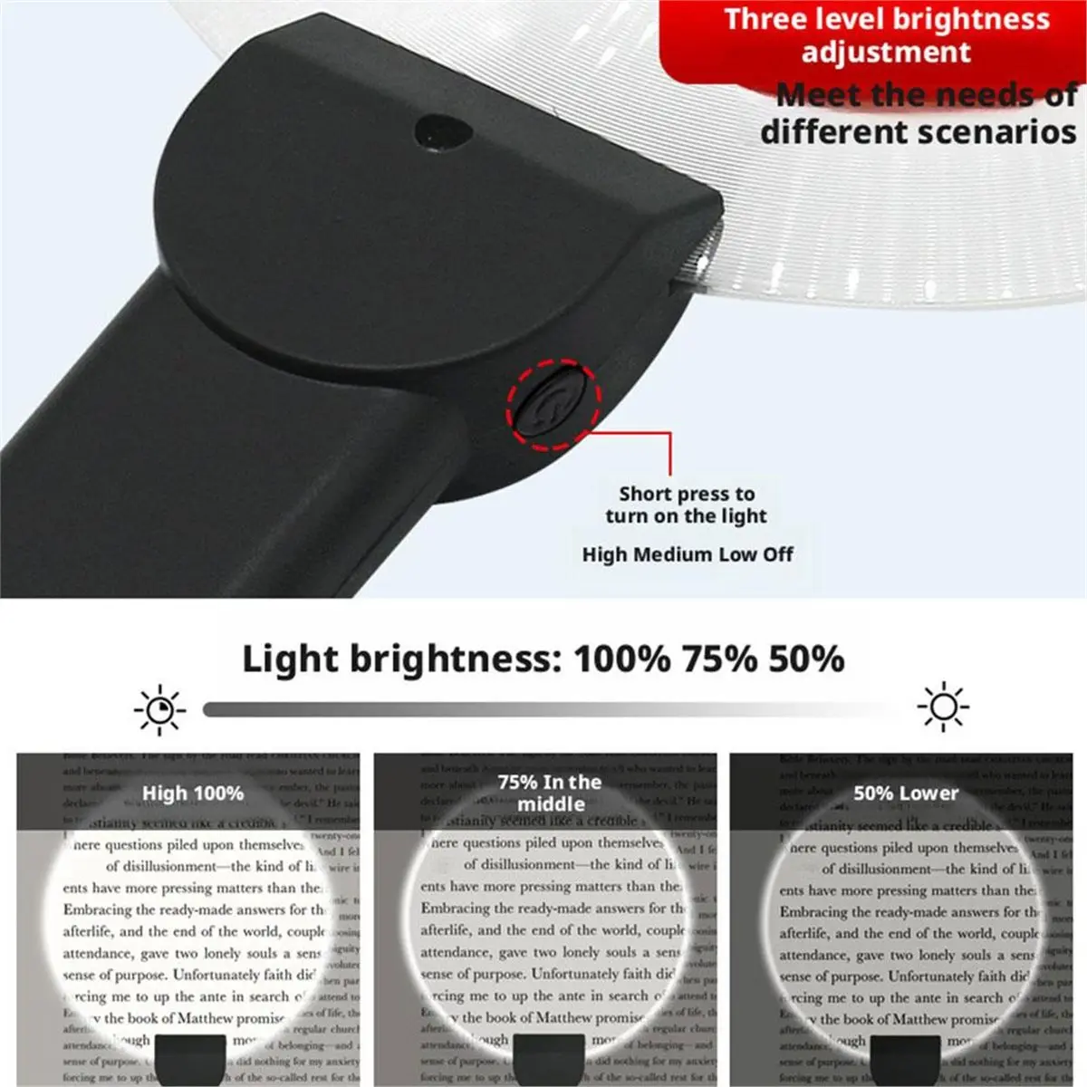 A1544P ~3in1 Magnifier LED Light Neck Hanging/Handheld/Desktop Adjustable Silicone Hose Type-C Rechargeable for Reading Seniors