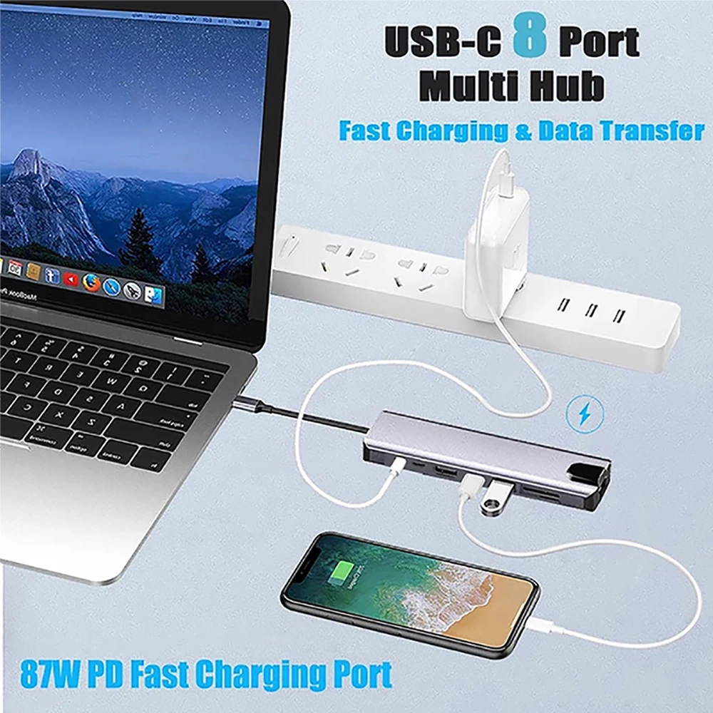 USB C 8 in1 HUB Type C Splitter 4K Thunderbolt 3 Docking Station Laptop Adapter For Macbook Air M1 iPad Pro RJ45 HDMI-compatible