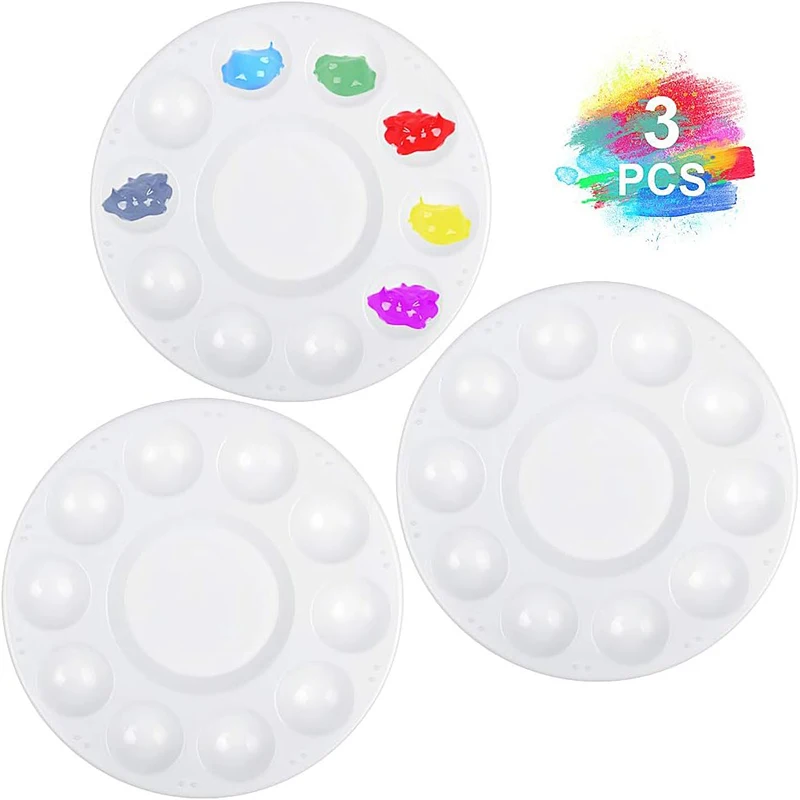 1/2/3Pcs Plastic Round Palette Painting Palette with 10 Wells and 1 Central Reservoir Paint Tray Palettes Oil Paint Palette Set
