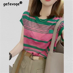 Women Striped Print Appliques Simple Casual Comfortable Ice Silk Knit T Shirt Summer Trendy Short Sleeve Y2K Tops Ropa De Mujer