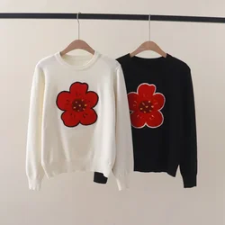 Autumn and Winter New Fresh Sweet Chest Red Small Flower Embroidered Crew Neck Pullover Sweater All-Matching Bottoming Sweater