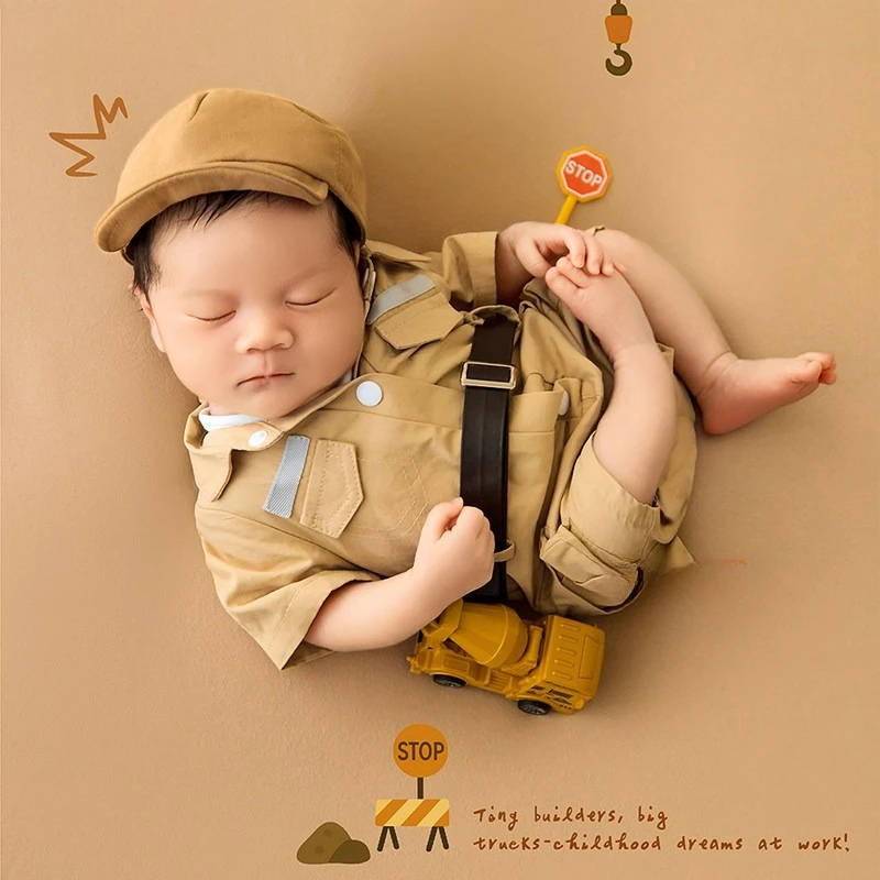 Newborn Photography Props Baby Boy Cool Engineering Outfit Set with Vehicle Decors Backdrop Theme Set for Studio Photoshoot