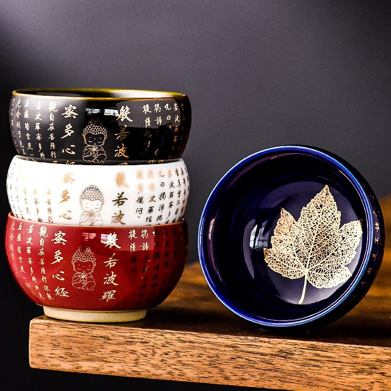 Taza de té Sutra con forma de corazón y hoja dorada para las cuatro estaciones, taza maestra de cerámica Zen, utensilios creativos para beber en el hogar, 1 ud.
