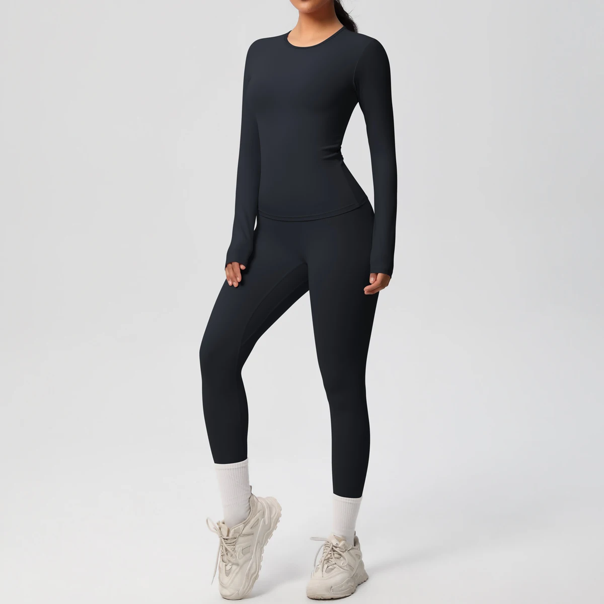 2-teiliges Sportbekleidungs-Yoga-Set, Fitnessstudio-Kleidung, Yoga-Anzüge für Damen, Fitness-Set, Trainingsanzüge, Sport, Langarm, bauchfreies Top, Gym-Leggings – Detail 10