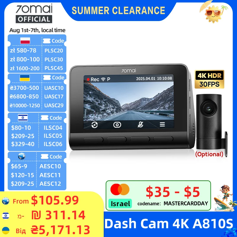 70mai Dash Cam 4K A810S HDR IMX678 Supercapacitor 4G LTE Remote Control Wi-Fi...