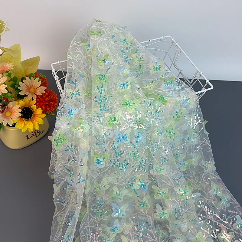 90x130cm Farbverlauf Schmetterling Pailletten Tüllstoff 3D Bestickter Netzstoff Hintergrund Party Deko Material Bühnenkostüme Ethnische Kleidung – Detail 11