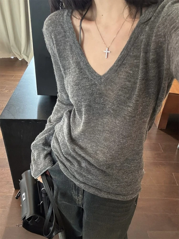 Elegant Long Sleeve Knitted Sweater Women's Slim Fit Inner Wear Korean Style Soft Polyester Fiber V-Neck UV Protection