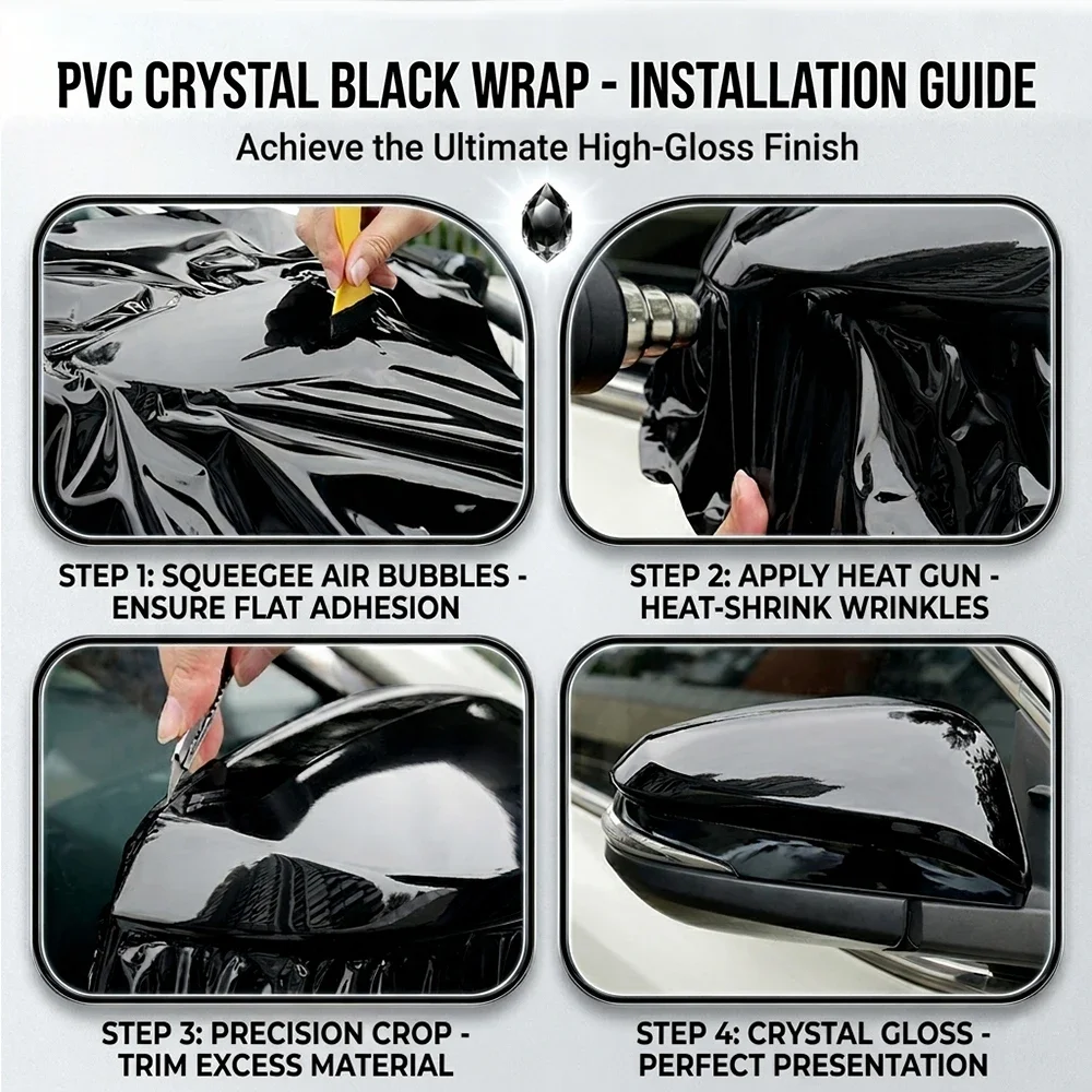 Glänzende PET Klavierlack-Schwarz Auto-Vinylfolie Luftblasenfreie Selbstklebende PVC Hochglanz-Schwarz Auto-Karosserie Farbwechselfolie Zubehör – Detail 14