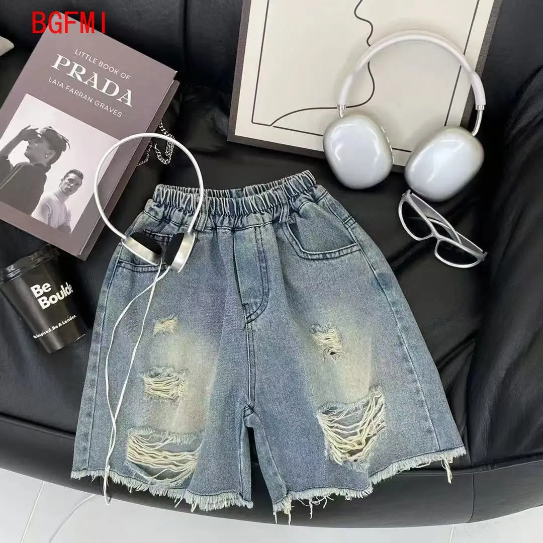 Children's Ripped Denim Shorts for Summer 2026 Boys Handsome Casual Versatile Mid Length Pants Boy Five Inch Pants Trendy Cool