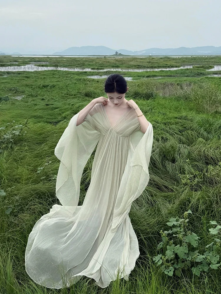 

New Chinese Style Loose Long Dress Women Elegant Lady Zen Cool Feeling Photography Heavy Folded Polyester Fiber Spring Autumn