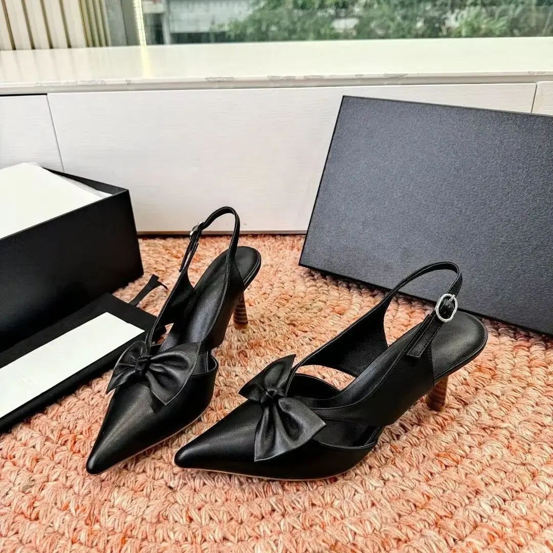Elegant Bow Slingback Pumps Ladies Pointed‑Toe Leather High Heels Buckle Strap Dress Heeled Sandals