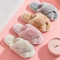 Women's Cross Band White Fur Slippers Winter Warm Plush Soft House Slippers for Women Indoor Open Toe Fluffy Home Shoes Woman