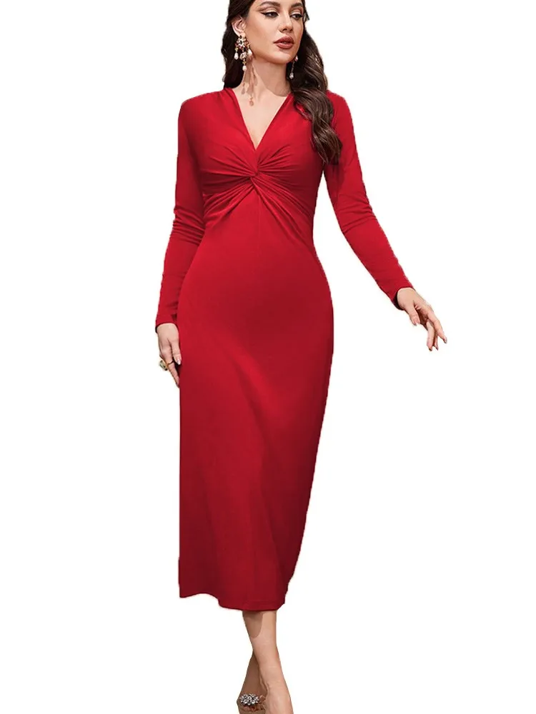 Female Elegant Solid Color Dress Spring Autumn Fashion Red V-neck Long Sleeves Dresses Ladies Foreign Style Party Prom Vestidos