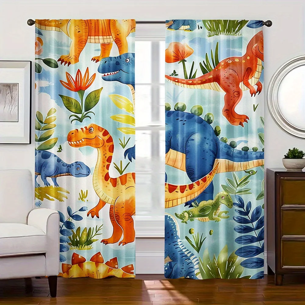 2pcs Dinosaur Semi-Blackout Curtain Panels Cartoon Animals Pattern Rod Pocket  Machine Washable for Bedroom Living Room Decor