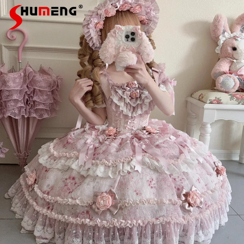 

Original Sweet Pink Wedding Dress Woman's High Waist Slim Elegant 3D Rose Lace Fairy Dress Anniversary Party Princess Dress Op