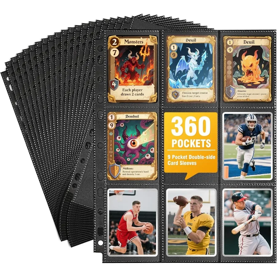 

20 Pack 360 Pockets Black Trading Card Sleeves Binder Sheets Double Sided Thicken Game Card Sleeves for 3 Ring Binder 9 Pocket
