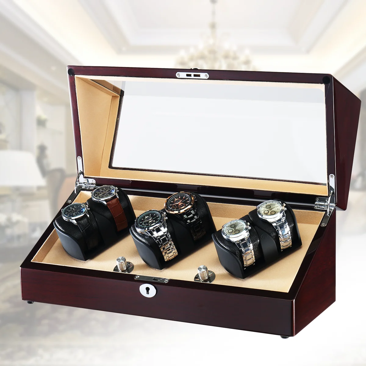 Watch Winder 6 Slot Automatic Watch Box with Mabuchi Mute Motor Key Unlocking Wooden Watch Box
