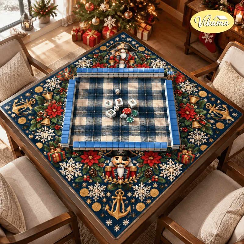 VIKAMA Navy Plaid Pirate Nutcracker Anchor Snowflake Mahjong Table Mat Non Slip Card Game Decor Washable Mahjong Table