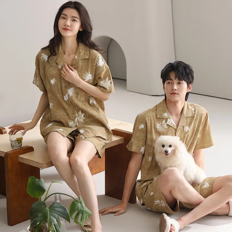 2025 New Couple Pajamas Women With Chest Pad Summer Cotton Short Sleeve Cute Men's Cardigan Loungewear Set pyjama homme