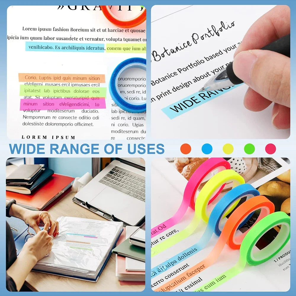 5 Roll Index Stickers Transparent Fluorescent Tape Waterproof Tabs Taking Notes Label Children Gift School Office Adhesive Tape