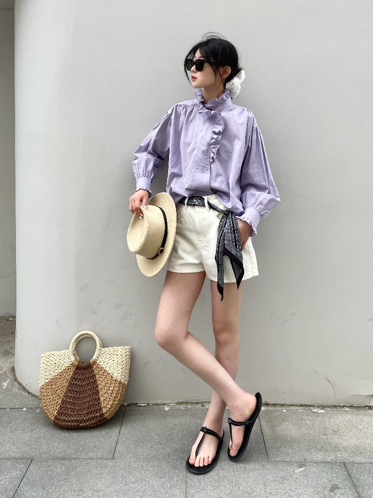 

Lazy Sle Thin Cotton Long Sve irt with Lantern Sves And Lace Collar Lightweight Breathable Pure Cotton Spring Summe...