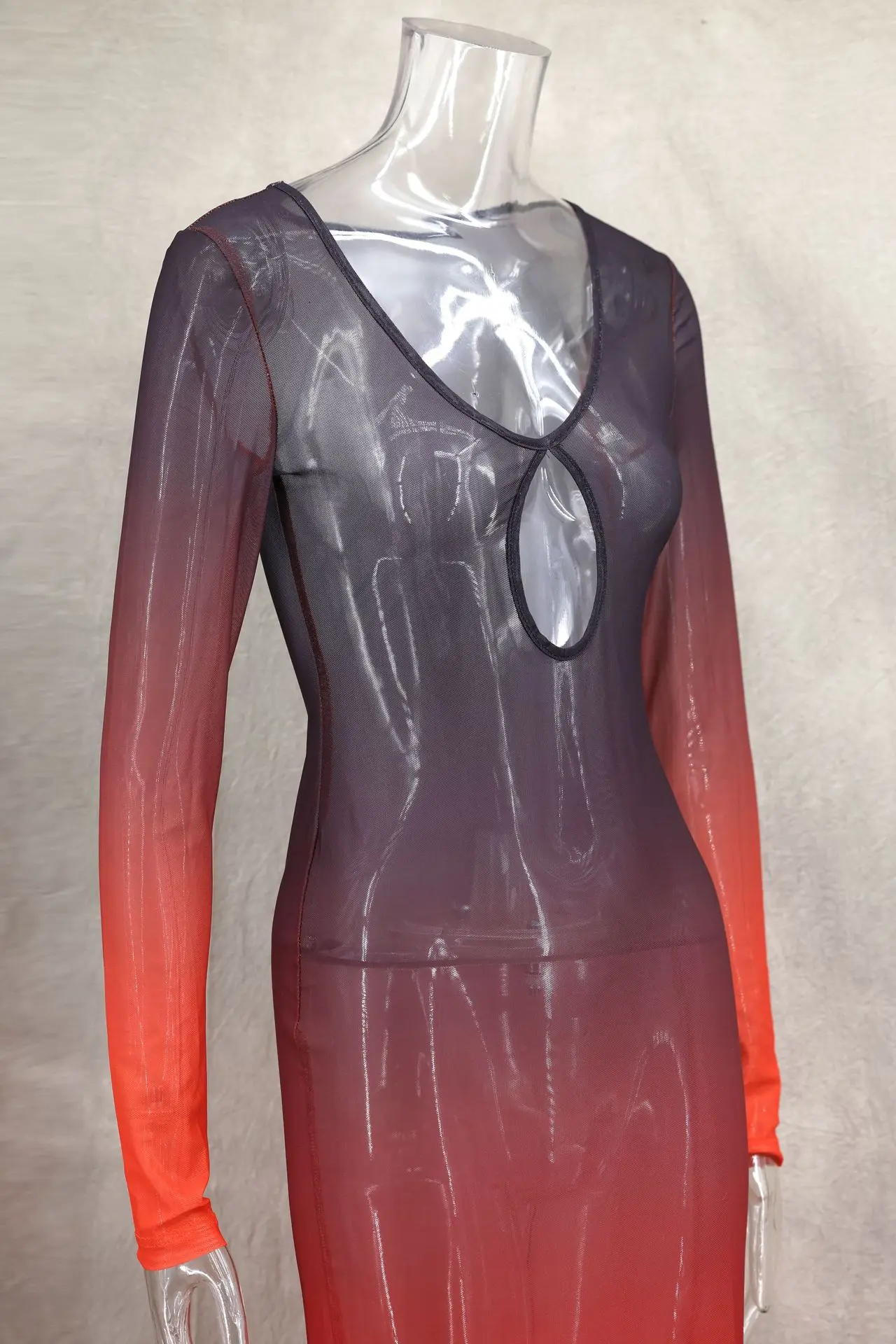 Vestido largo de verano degradado para mujer, vestido playero de malla transparente Sexy, vestido Maxi ajustado recortado de manga larga