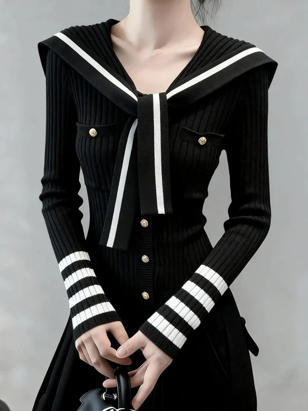 Retro Navy Collar Striped Shoulder Wrap Knit Sweater Women's Long Sleeve Slim Fit High End Feeling Top Trendy Casual Style