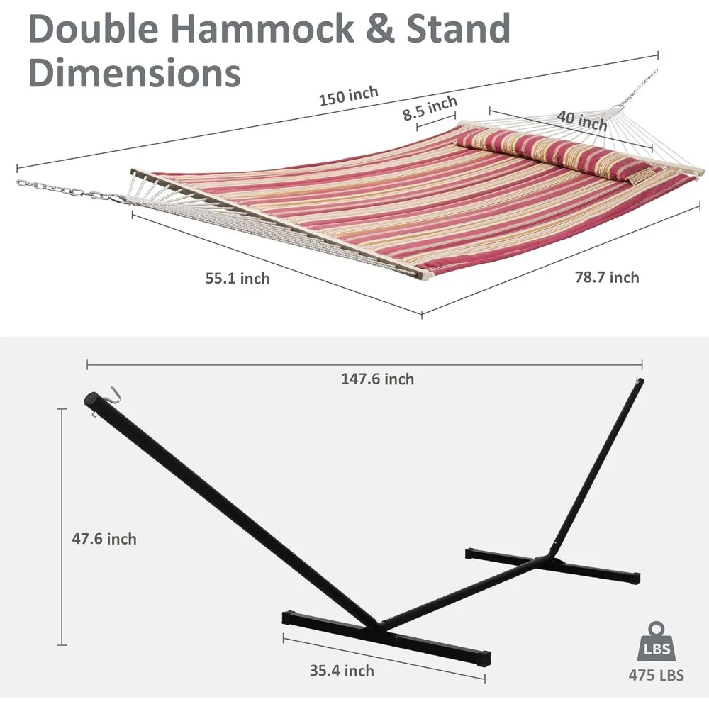 Hamak zewnętrzny ze stojakiem Dwuosobowa huśtawka z pikowanej tkaniny ze stalowym stojakiem o długości 12 stóp Hamaki ogrodowe na zewnątrz Czerwone paski