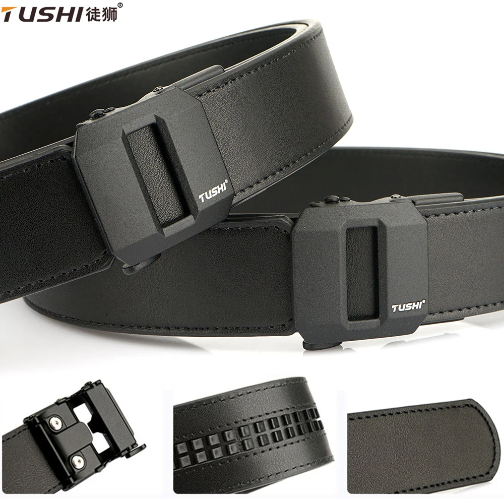 TUSHI Official men Leather Tactical Belt Golden Alloy Buckle Natural Cowhide Jeans Belt Trouser Military Girdle IPSC Accessories