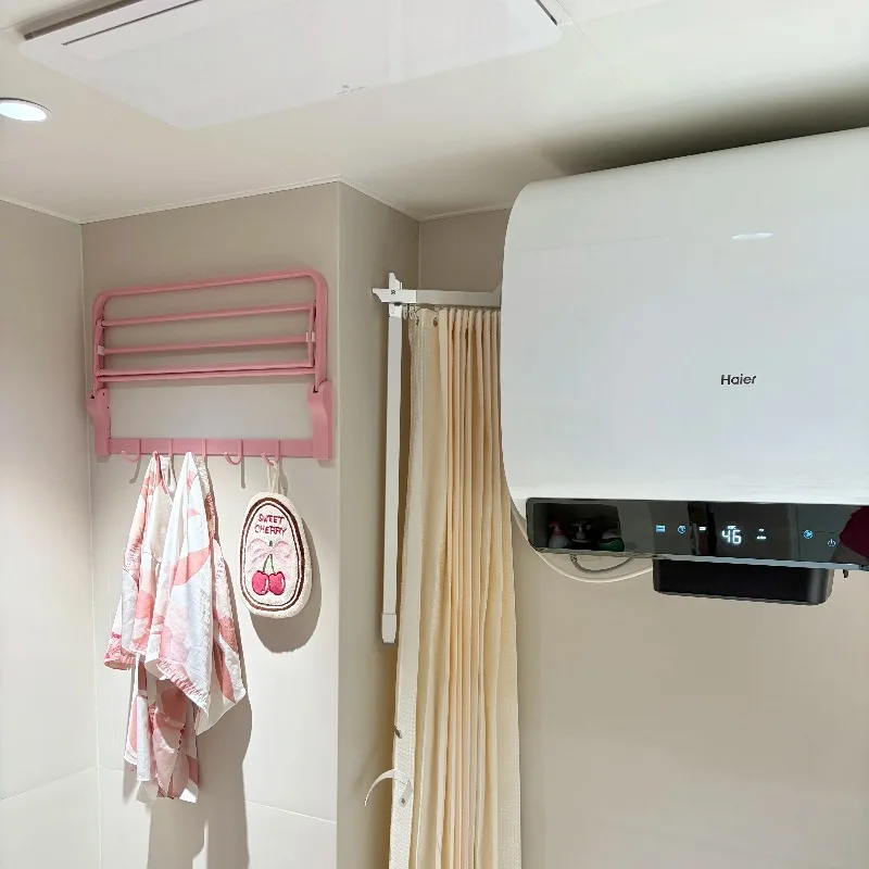 Sakura Pink Bathroom Shelf, No-Drill Towel Rack, Stainless Steel Folding Bar, Bathroom Organizer with Hooks