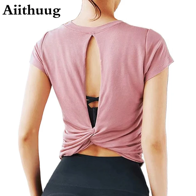 Aiithuug Side Ruched Twisted Yoga Tops Damskie krótkie topy z okrągłym dekoltem i odkrytymi plecami z krótkim rękawem do ćwiczeń na siłowni Pilates