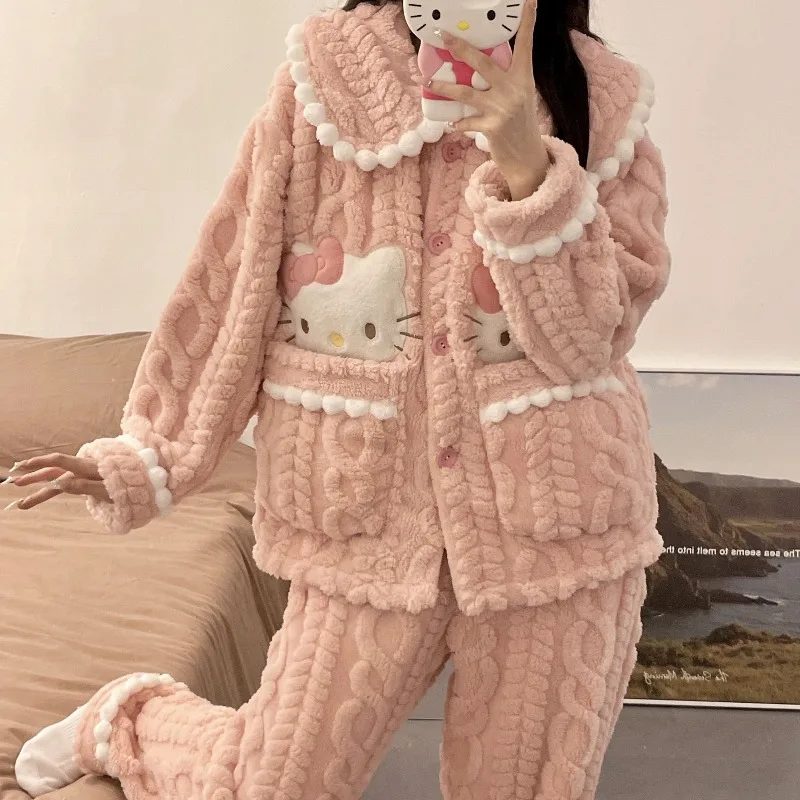 マイメロディ ソフトパジャマ 女の子 ポムポムプリン コーラルベルベット クロミ 厚手フランネル 学生 かわいい＆甘い漫画風ホームウェアセット